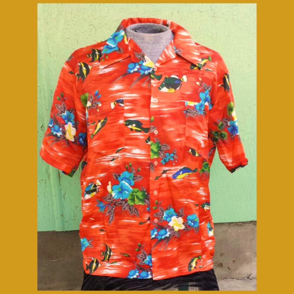 🌺Vintage Hawaiian Tropical Fish & Hibiscus Flowers Swanky 70s Men's Party Shirt